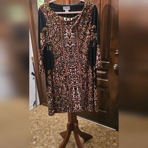Avenue Black Dress with Gold and Brown Multi-Print Long Sleeves